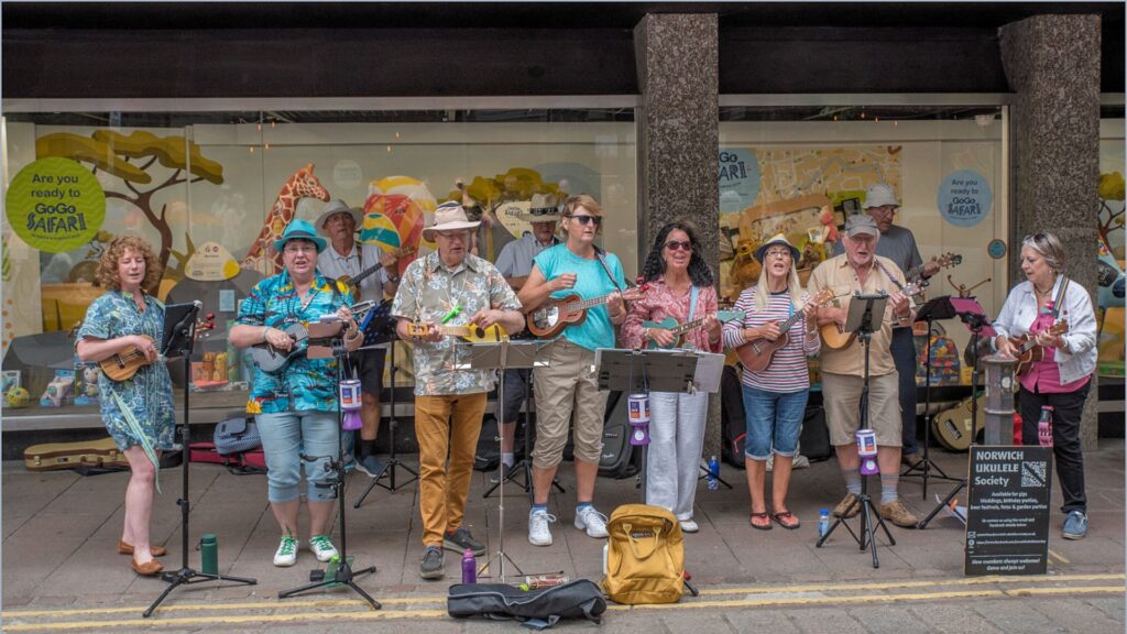 The Ukulele Society busking outside Jarrolds